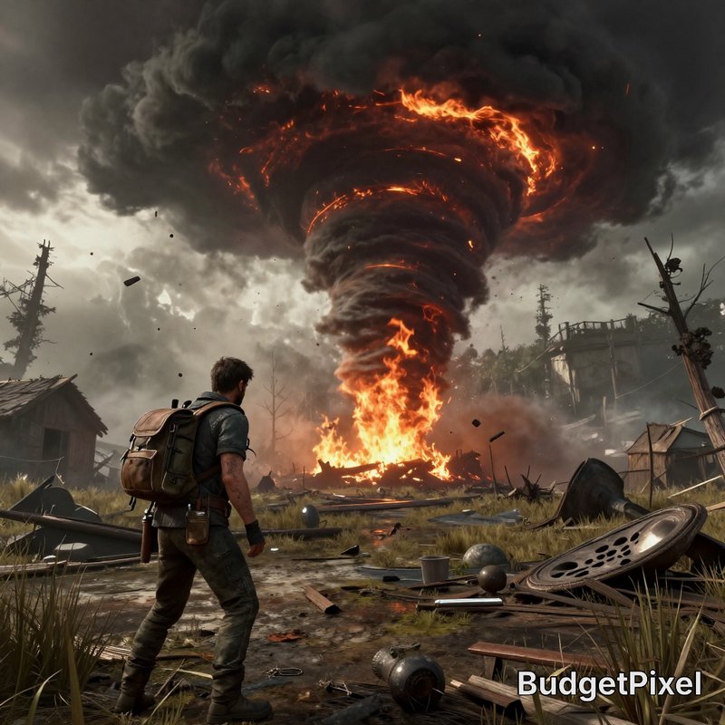 Survivor with a backpack stands in a destroyed village staring at a towering flaming tornado unde...