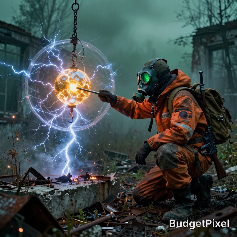 Stalker in orange hazmat suit and gas mask prods a crackling glowing electric orb in a foggy ruin...