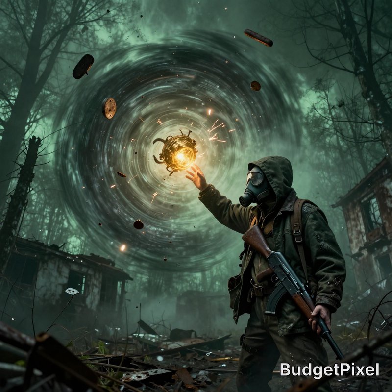 Hooded gas-masked post-apocalyptic survivor reaches for a glowing orb next to a swirling portal i...