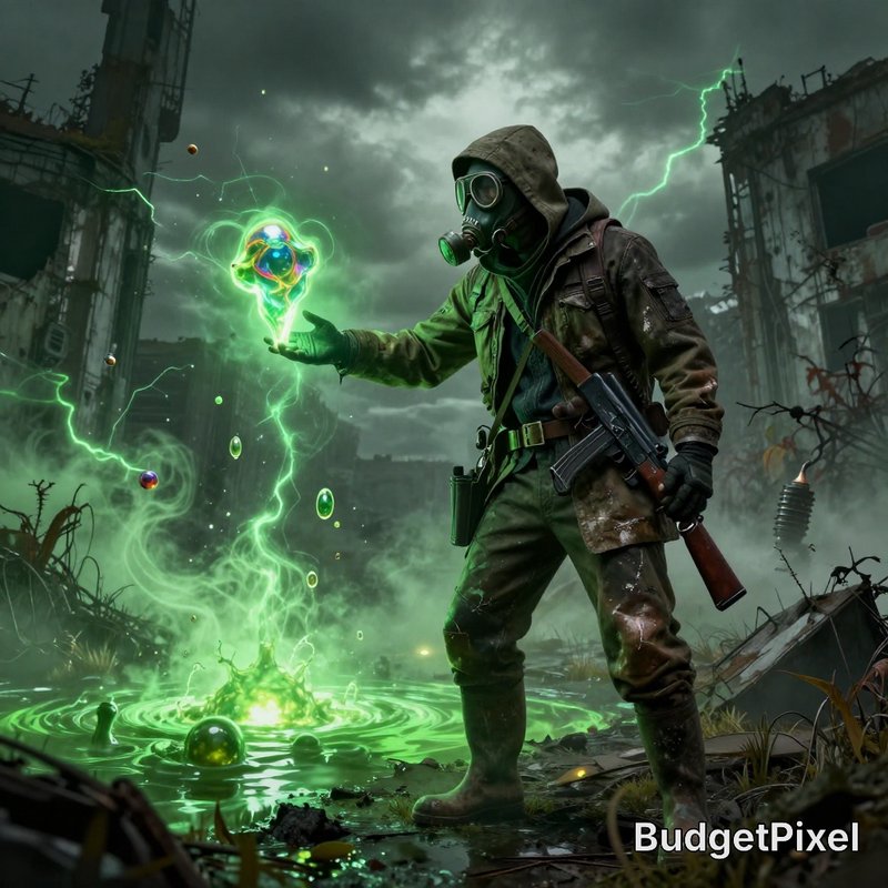 Post-apocalyptic survivor in gas mask holds glowing radioactive green energy over a toxic ruined ...