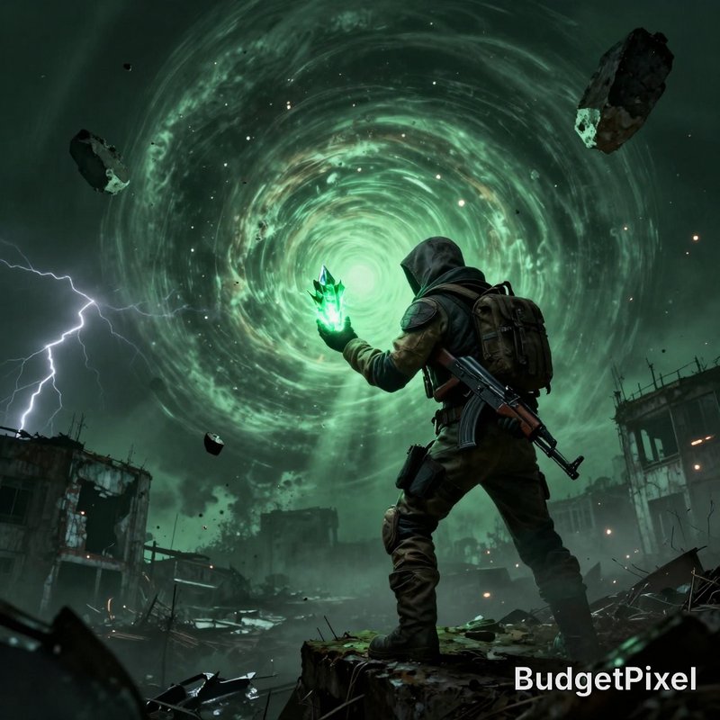Hooded armed post-apocalyptic survivor holds glowing green crystal facing a swirling green portal...