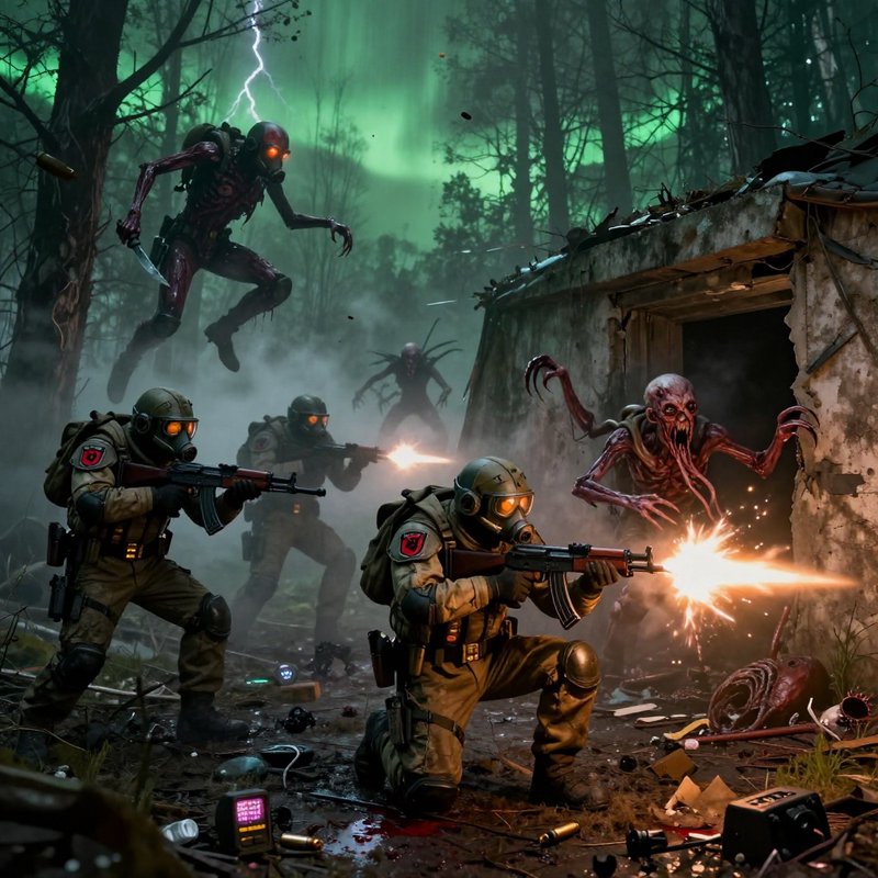 Soldiers in gas masks fire rifles at grotesque mutated monsters during a chaotic battle in a mist...