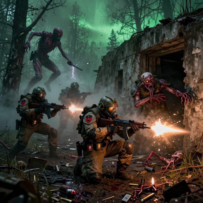 Armored tactical soldiers fire assault rifles at grotesque alien mutants on a foggy glowing green...