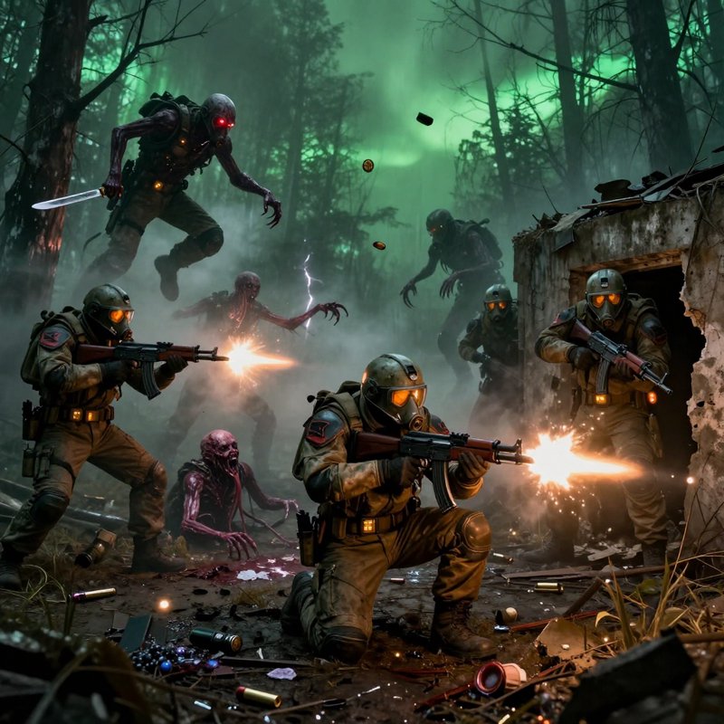 Soldiers in hazmat tactical gear fire rifles to fend off attacking grotesque mutants in a foggy g...