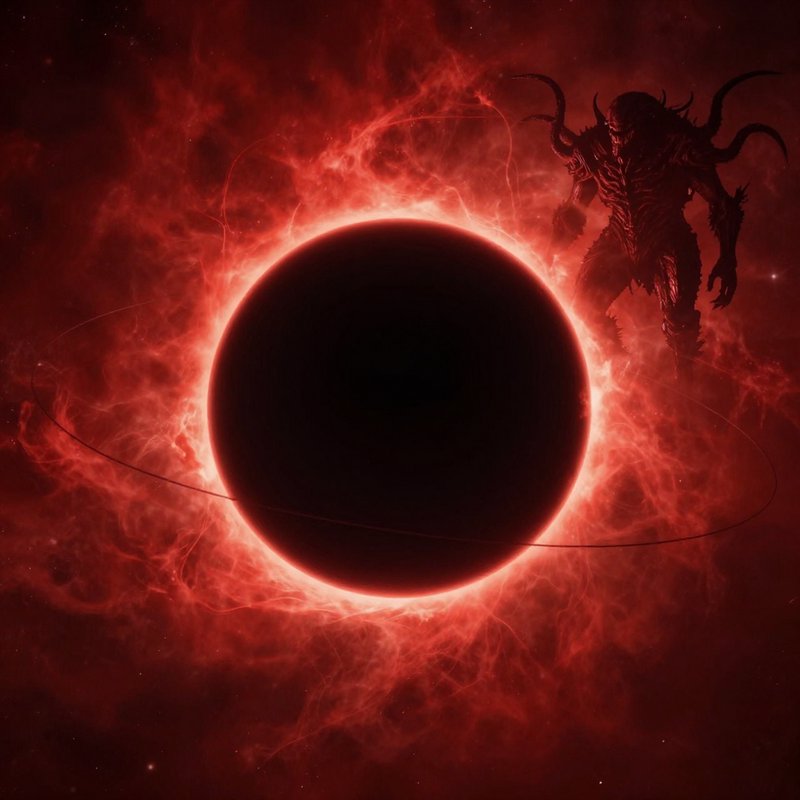 Menacing horned cosmic demon silhouette looms beside a glowing red total eclipse in swirling crim...