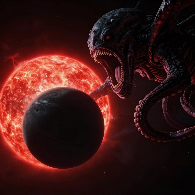 Menacing tentacled cosmic alien roars beside a dark planet and glowing fiery red star in deep out...