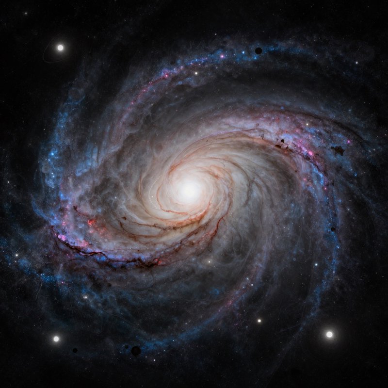 Grand design spiral galaxy with glowing bright core, swirling blue-pink star-forming arms against...
