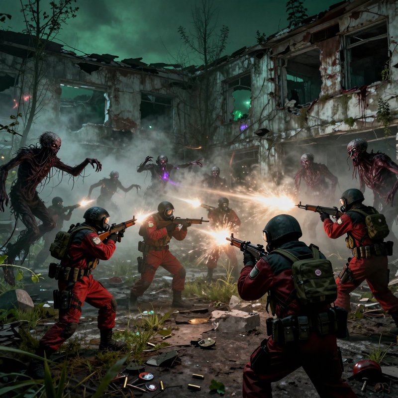 Soldiers in red tactical gear fire on grotesque mutated monsters in a ruined overgrown post-apoca...