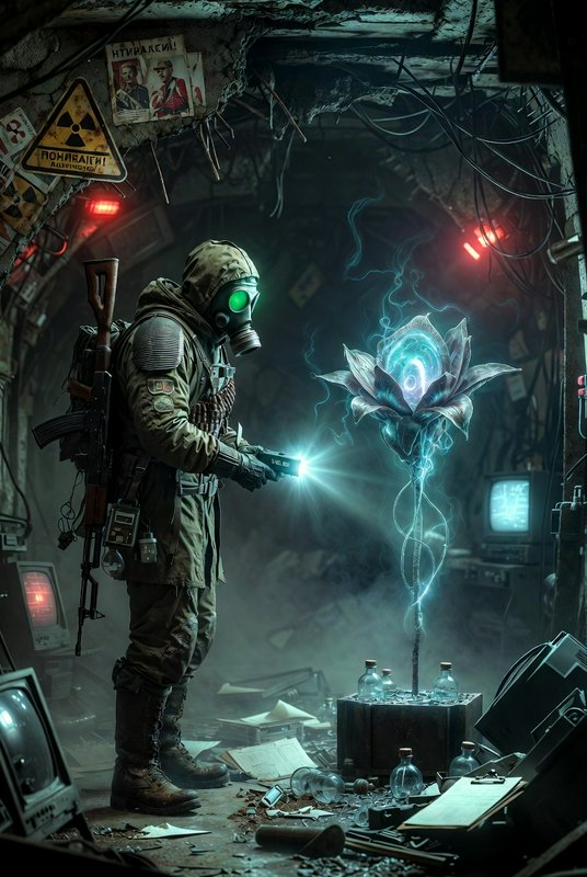 Hazmat suited post-apocalyptic explorer shines flashlight on glowing electric alien flower in der...
