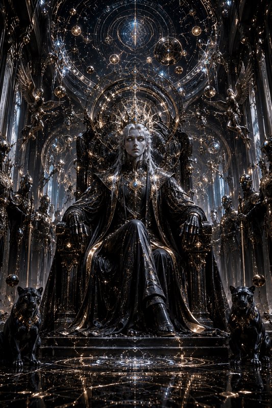 Silver-haired celestial fantasy king sits on an ornate gold-accented throne flanked by panthers i...