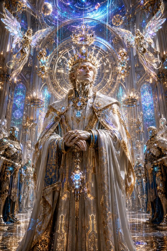 Regal celestial fantasy king in a jeweled crown and ornate robes stands in a glowing cosmic cathe...
