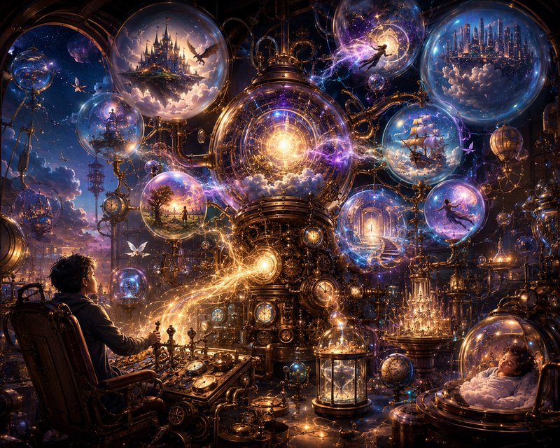 Steampunk dream machine with glowing glass orbs holding fantasy worlds, operator at control panel...