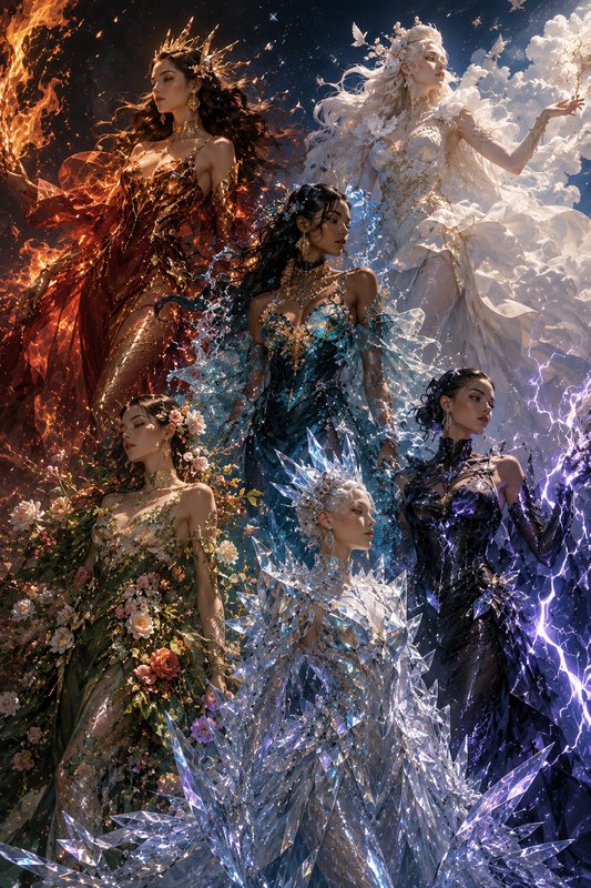 Six ornate elemental goddesses representing fire, air, water, earth, ice, and lightning stand arr...