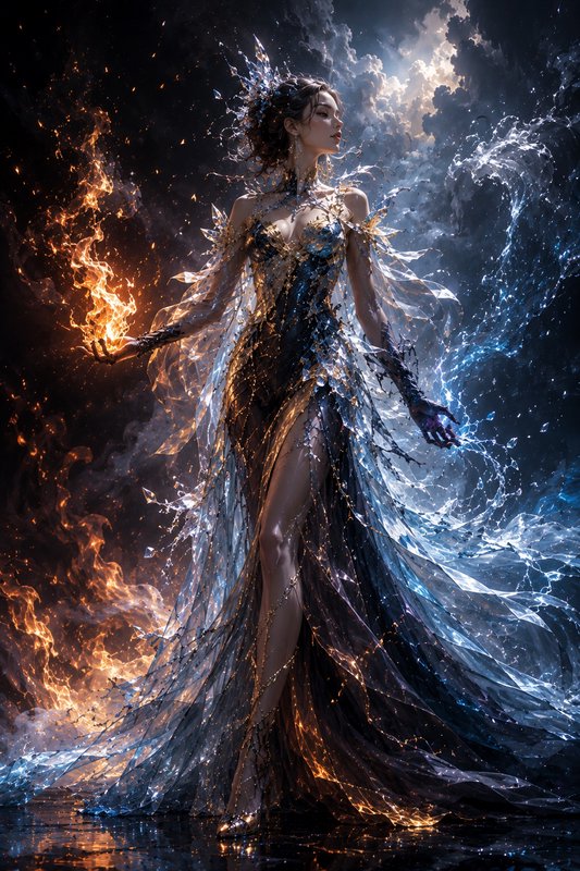 Fantasy elemental goddess balances fire in her right hand and water in her left, wearing an ornat...
