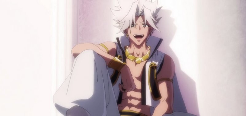 Charismatic spiky white-haired anime male laughs while sitting relaxed in ornate gold accessories...