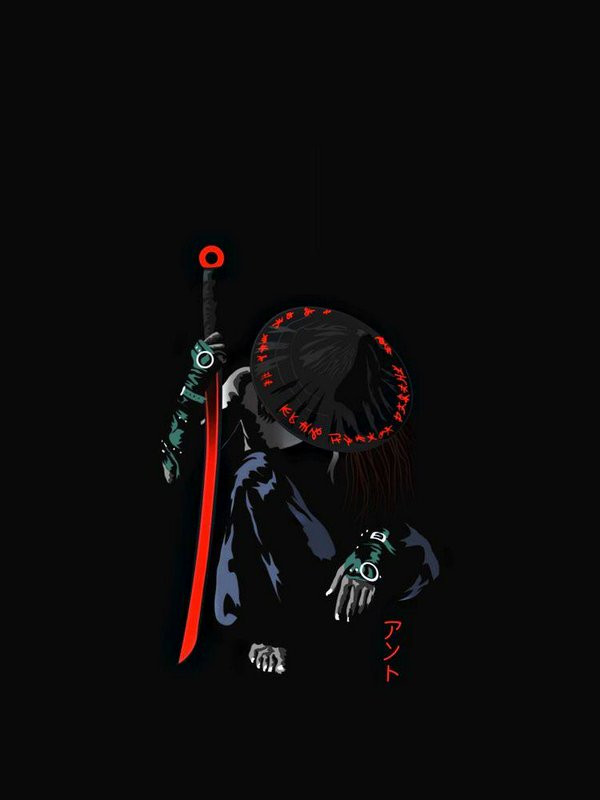 Graphic anime illustration of a mysterious samurai holding a red katana, rune-marked conical hat,...