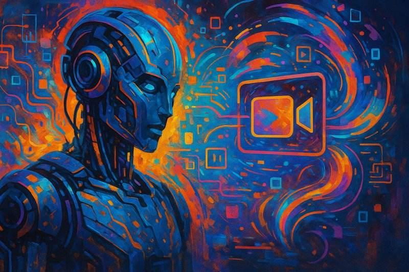 Stylized humanoid AI robot faces a floating video camera icon, set against a swirling neon futuri...
