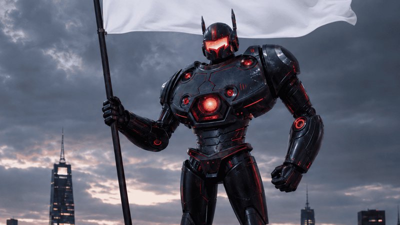 Heavily armored black mech robot with glowing red accents holds a billowing white flag over a city skyline under moody
