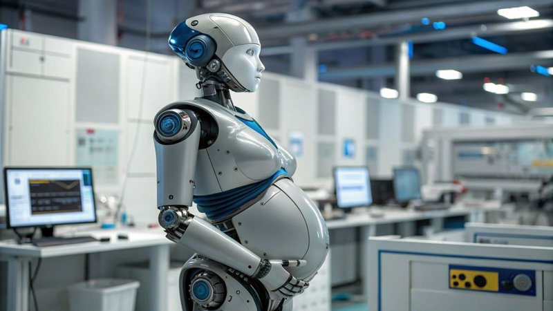 Side profile of a sleek white and blue pregnant humanoid robot standing in a modern high-tech res...