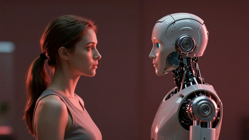 Side profile of a young woman standing eye-to-eye with a sleek humanoid AI robot under warm red m...