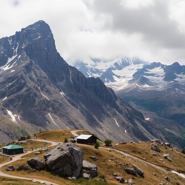 Rugged alpine landscape with small mountain huts on a rocky grassy ridge, snow-capped jagged peak...