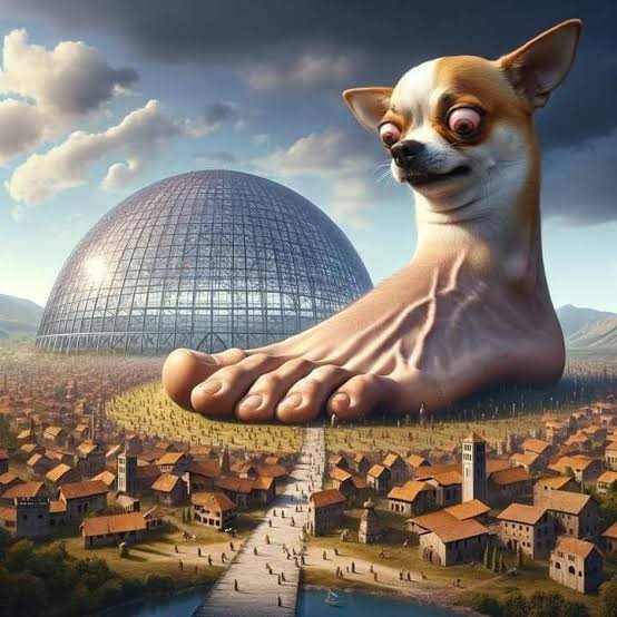 Surreal giant hybrid chihuahua-human foot creature looms over a historic town next to a massive g...