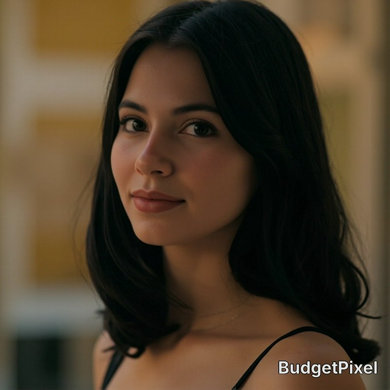 Close-up portrait of a young woman with dark shoulder-length hair, lit by soft golden hour light against a warm blurred