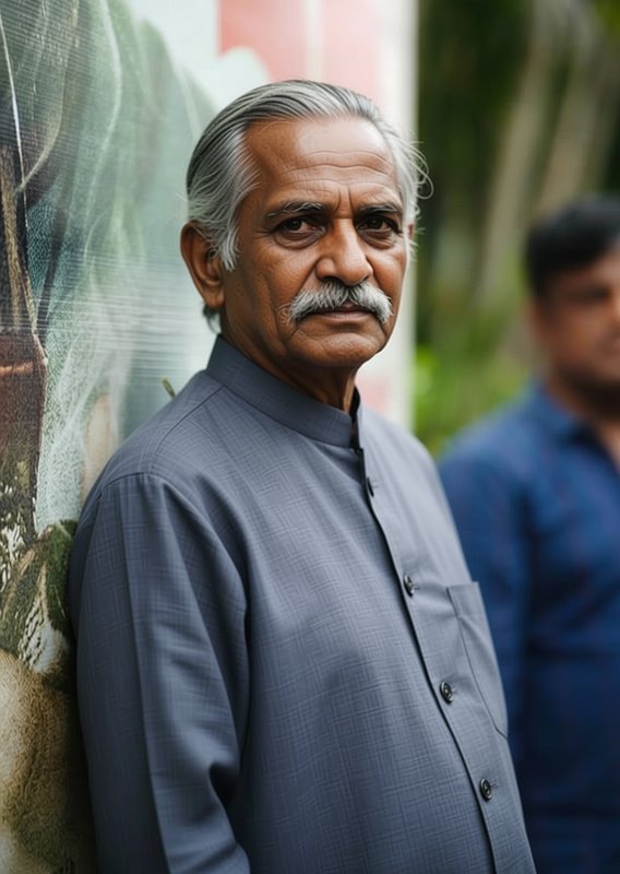 Older man with gray hair and mustache leaning against a wall outdoors, wearing a gray kurta.