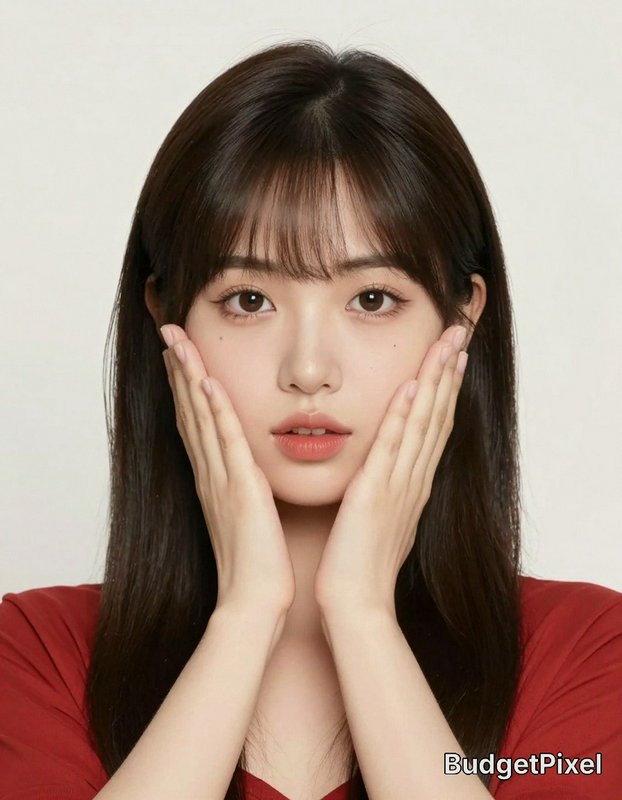 Close up portrait of young East Asian woman with bangs holding her cheeks, wearing a red top agai...