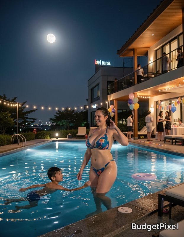 Smiling woman in floral bikini stands in lit swimming pool, as a young boy swims beside her at a ...