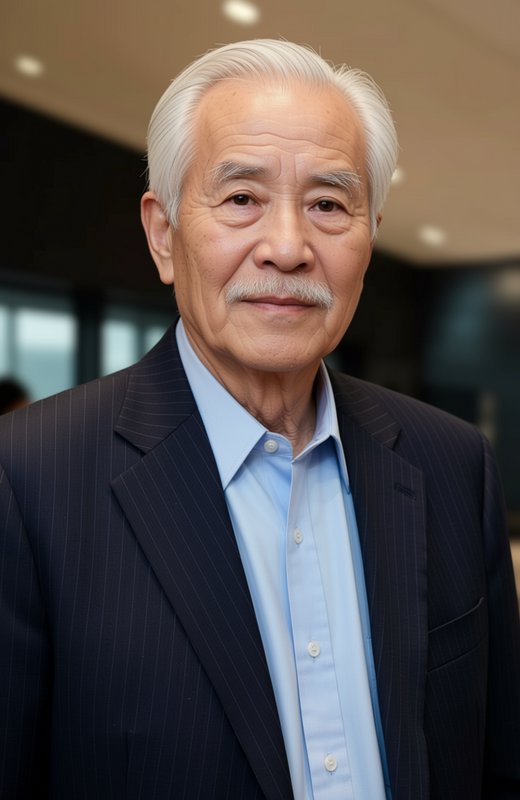 Close-up professional portrait of a senior East Asian man with white hair, a mustache, and busine...