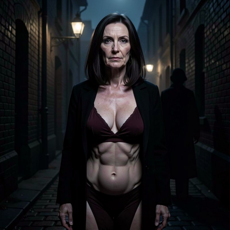 Muscular middle aged woman stands in a foggy gas-lit cobblestone alley at night, with a shadowy s...