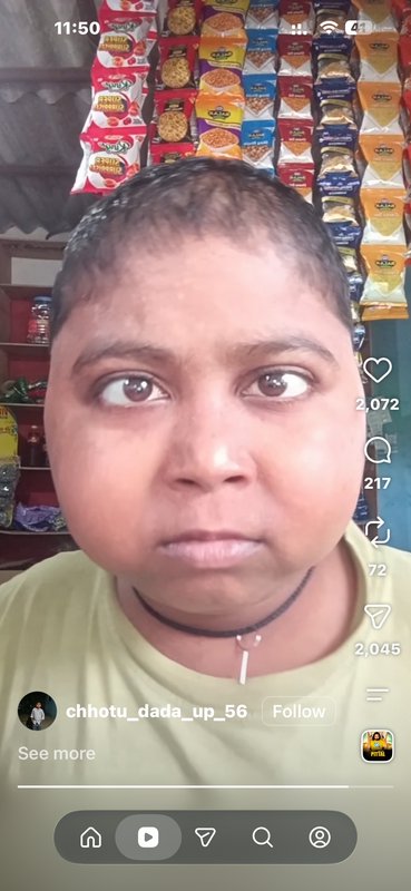 Screenshot of Instagram Reel featuring creator Chhotu Dada inside a small local Indian snack shop.