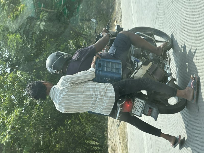 Two men riding a motorcycle with a blue plastic crate, on a sunny paved roadside next to lush gre...