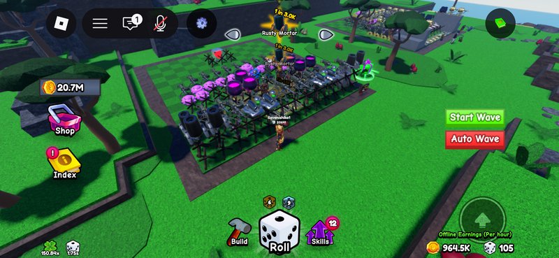 Roblox tower defense tycoon gameplay screenshot showing a built defensive turret base and in-game...
