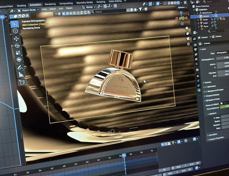 Blender 3D software workspace displaying a work-in-progress render of an elegant gold and glass l...