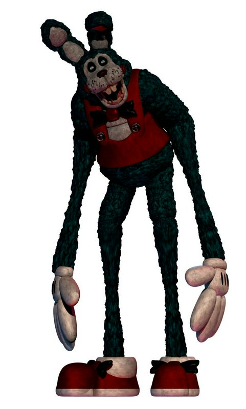 Tall uncanny dark green rabbit animatronic with mismatched ears, unsettling grin, and red overall...