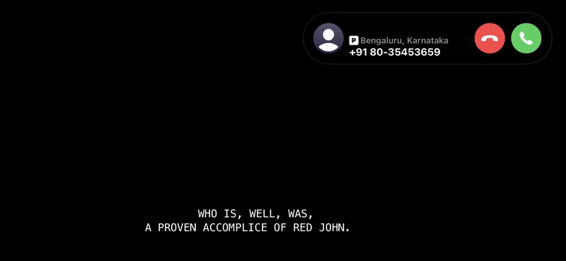 Incoming mobile call overlay from Bengaluru, India on black screen with subtitles referencing a R...