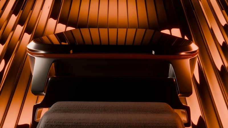 Low angle view of futuristic cabin seating framed by glossy warm orange ribbed metallic interior panels.