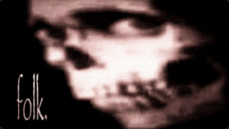 Grainy sepia stylized skull graphic with handwritten "folk." text against a dark background