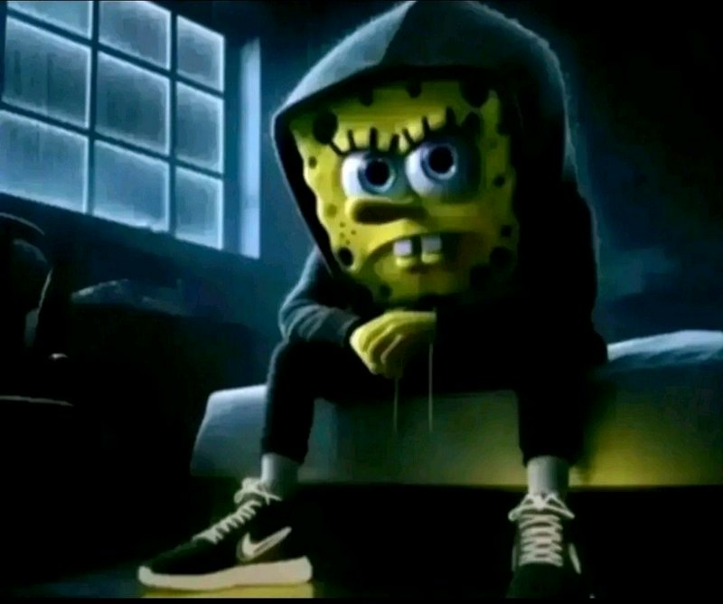 Hooded somber SpongeBob SquarePants sits on a couch in a dark moonlit room