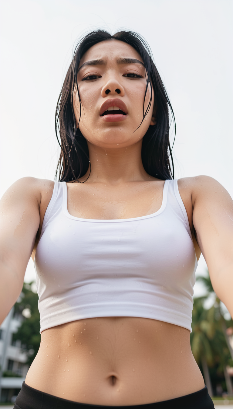 Sweaty out-of-breath young East Asian woman taking a low-angle selfie after an outdoor workout