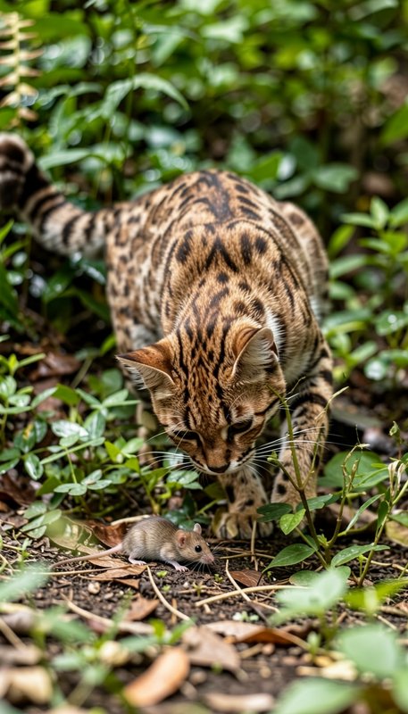 Spotted wild leopard cat stalking a small mouse on a leafy forest floor