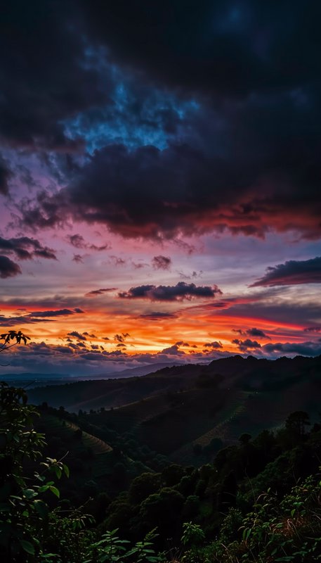 Dramatic gradient sunset sky with orange purple storm clouds above silhouetted forested mountain ...