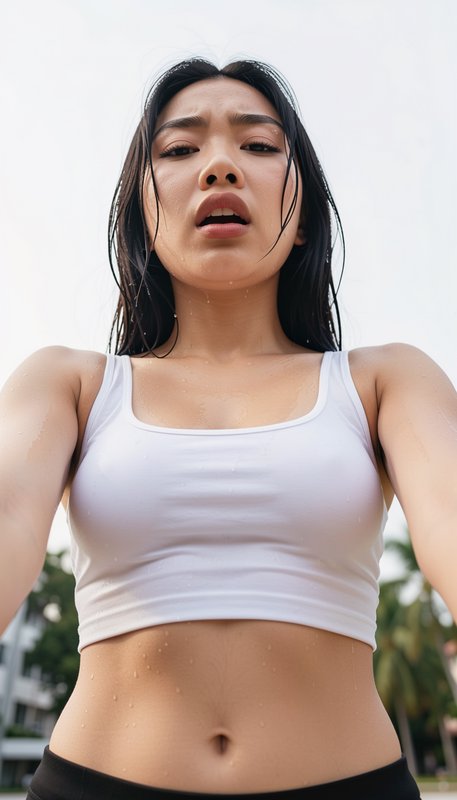 Sweaty out-of-breath young East Asian woman taking a low-angle selfie after an outdoor workout