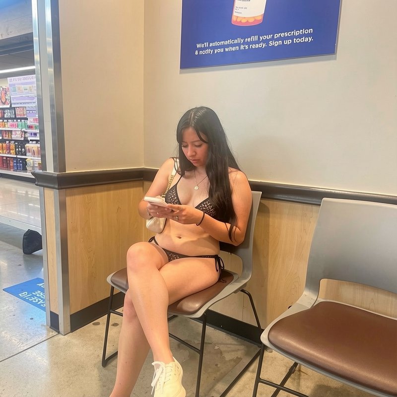 Young woman in a patterned bikini sits scrolling her phone while waiting in a pharmacy waiting area