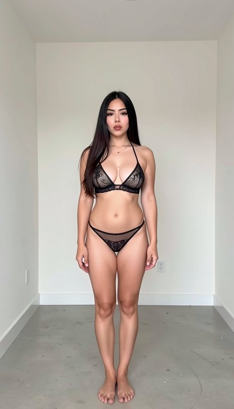 Full length shot of a woman in black lace lingerie standing facing the camera in a plain empty in...
