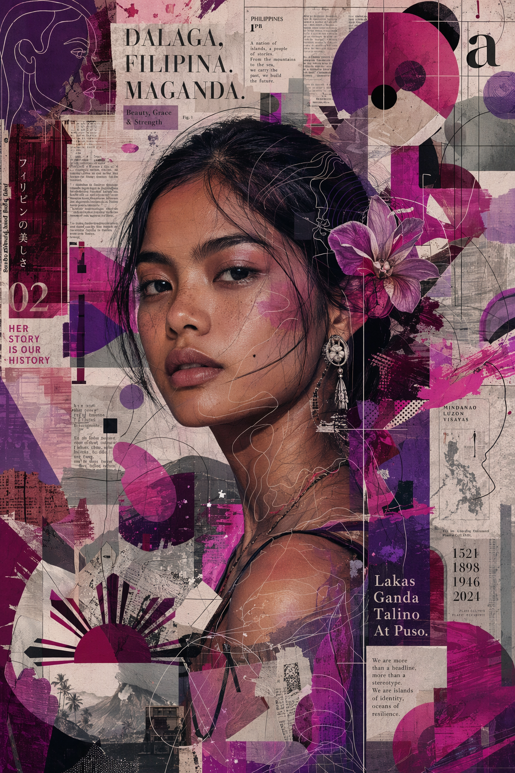 Mixed media collage portrait of a young Filipina woman with a purple orchid tucked in her hair, layered over a cultural sc...