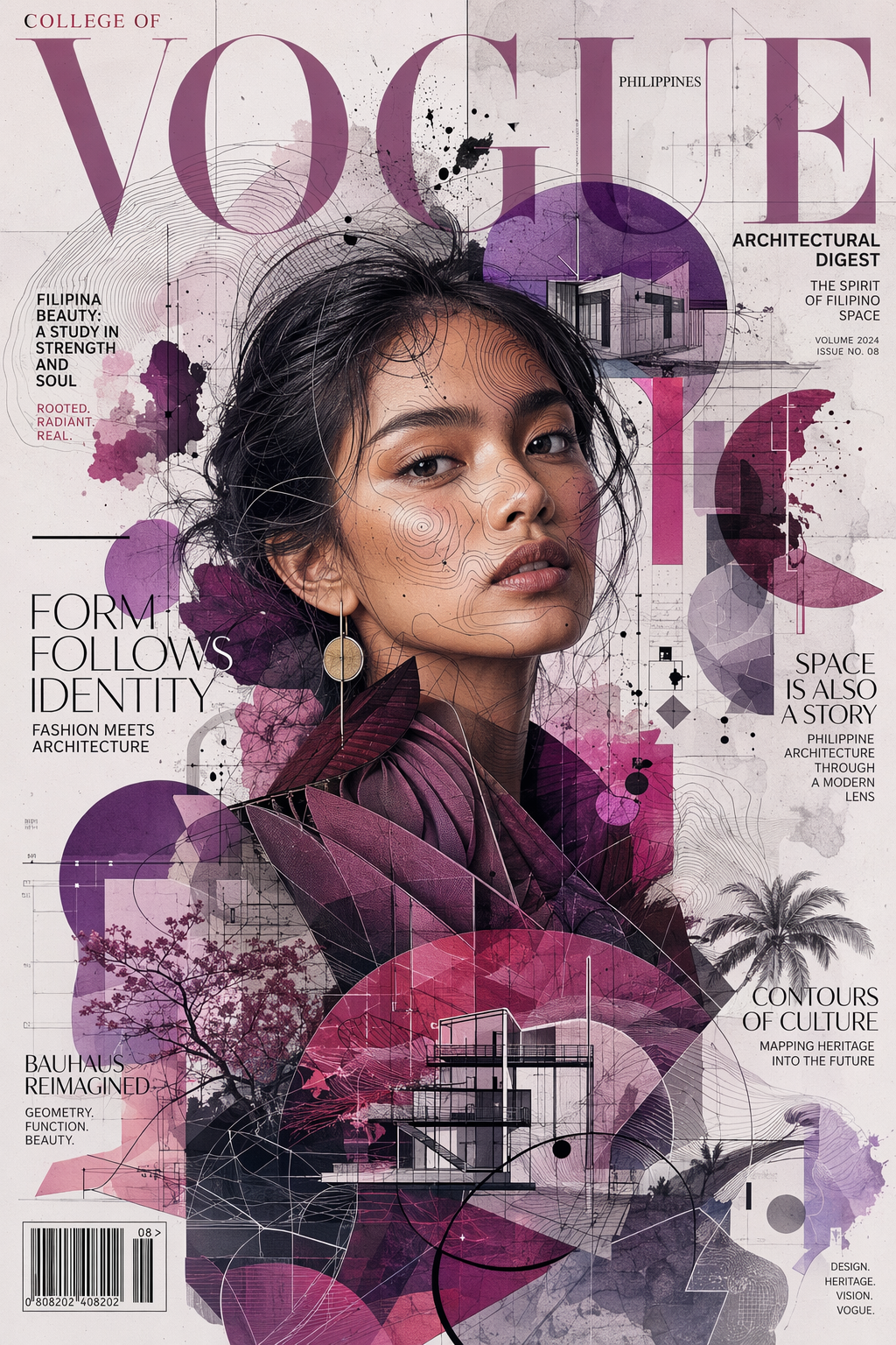 [Artistic Vogue Philippines magazine cover, featuring a Filipina portrait layered with architectural graphics and geometri...