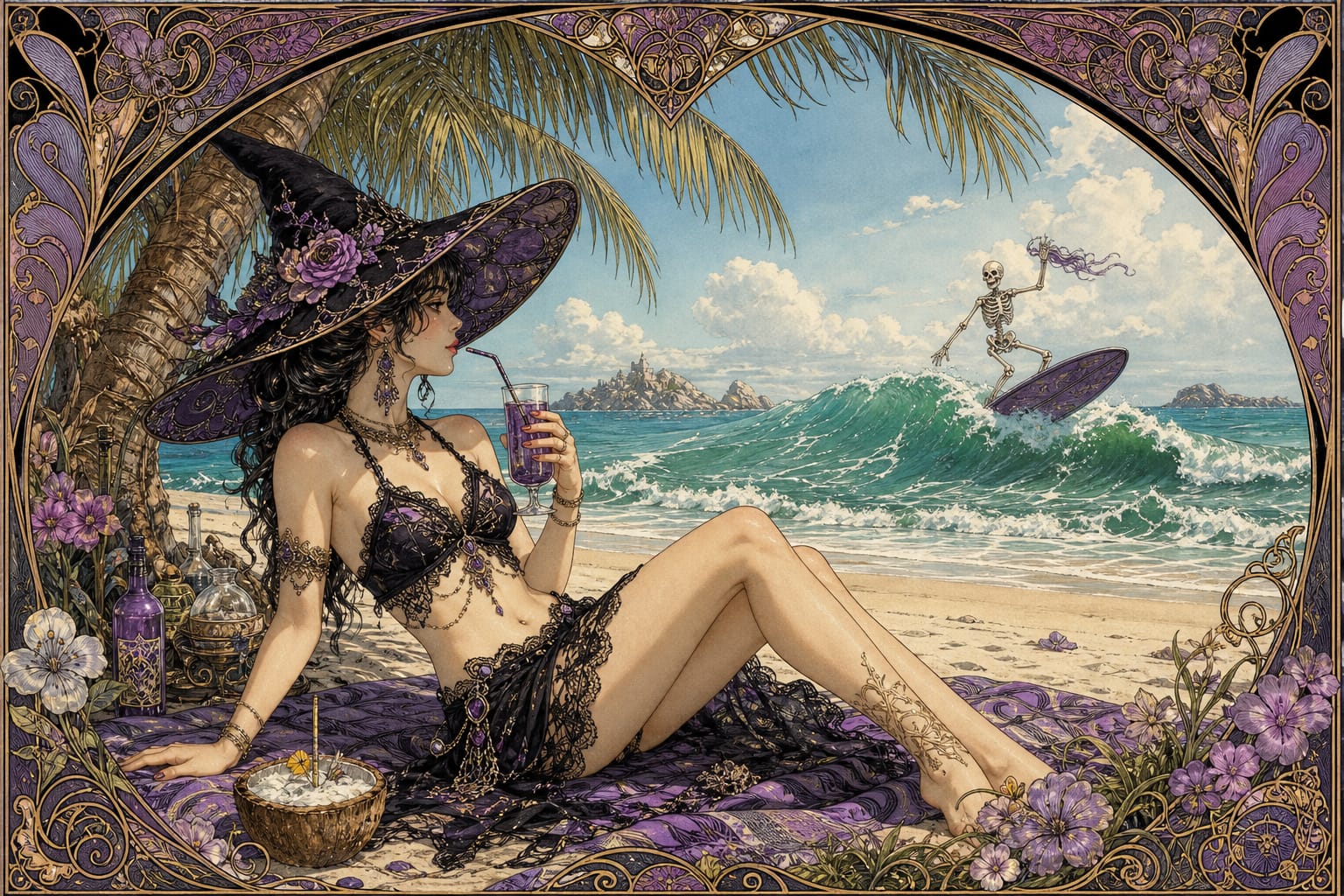 Art Nouveau illustration of a stylish witch relaxing on a tropical beach as a skeleton surfs a nearby ocean wave.